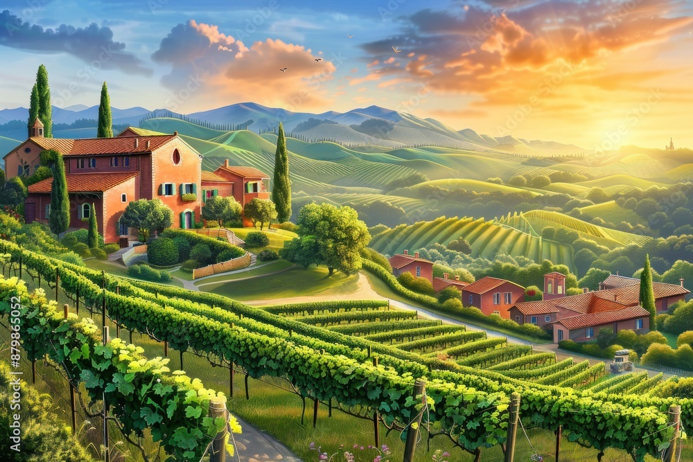 Naklejka premium Vineyard landscape with a farmhouse and rolling hills.