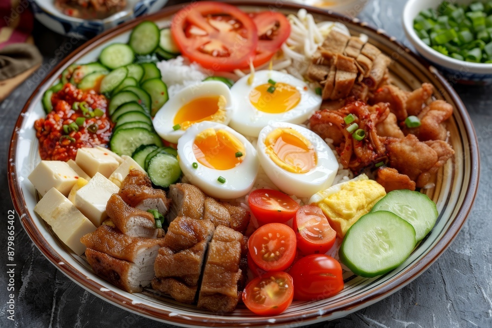 Various foods on one plate eggs fried chicken tempeh tofu chicken intestines beef liver cucumber tomato Various foods on one plate eggs fried chicken tempeh tofu chicken intestines beef liver cucumber tomato