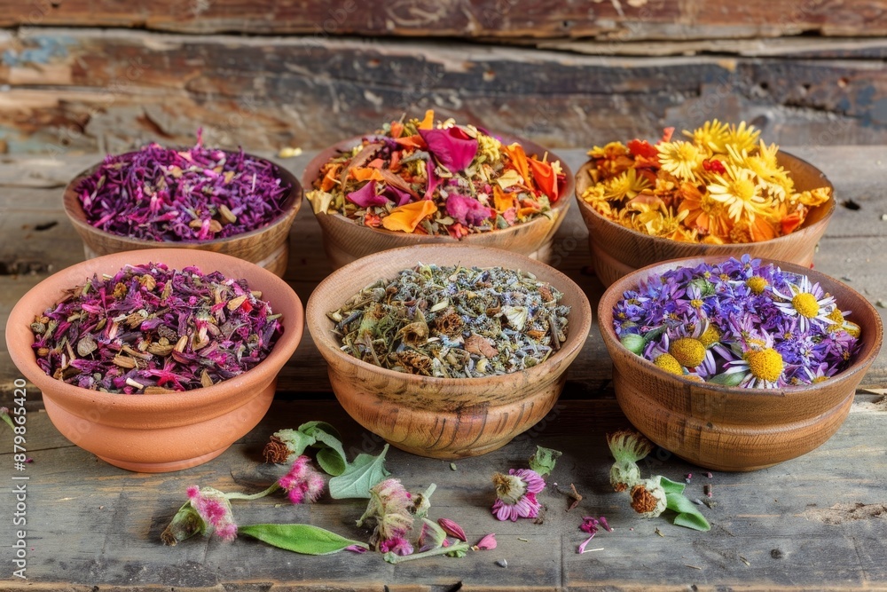 Various herbal and berry tea on wooden background Healing and alternative medicine Lindon calendula cornflowers marigold tansy tea rose Various herbal and berry tea on wooden background Healing and alternative medicine Lindon calendula cornflowers marigold tansy tea rose