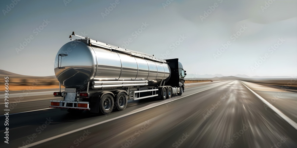 Semi truck hauling silver tanker trailer on highway. Concept Transportation, Trucking Industry, Highway Travel, Commercial Vehicles, Tanker Trailers Semi truck hauling silver tanker trailer on highway. Concept Transportation, Trucking Industry, Highway Travel, Commercial Vehicles, Tanker Trailers