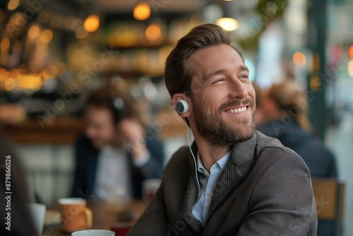 Happy businessman using earbuds while sitting in cafe