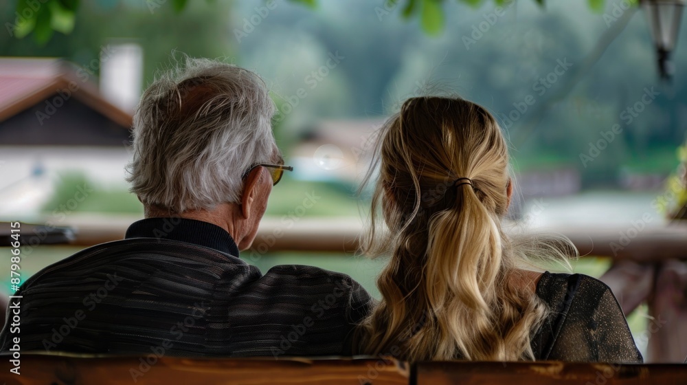 Older man and younger woman sitting together on a bench. Older man and younger woman sitting together on a bench.