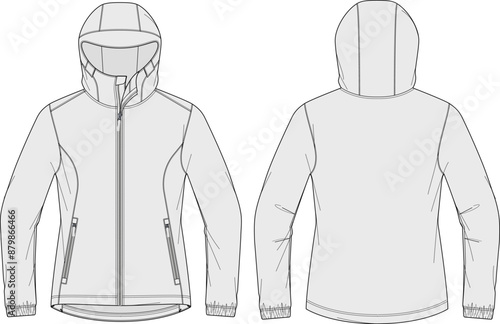 Hooded softshell jacket technical CAD fashion illustration front and back views	