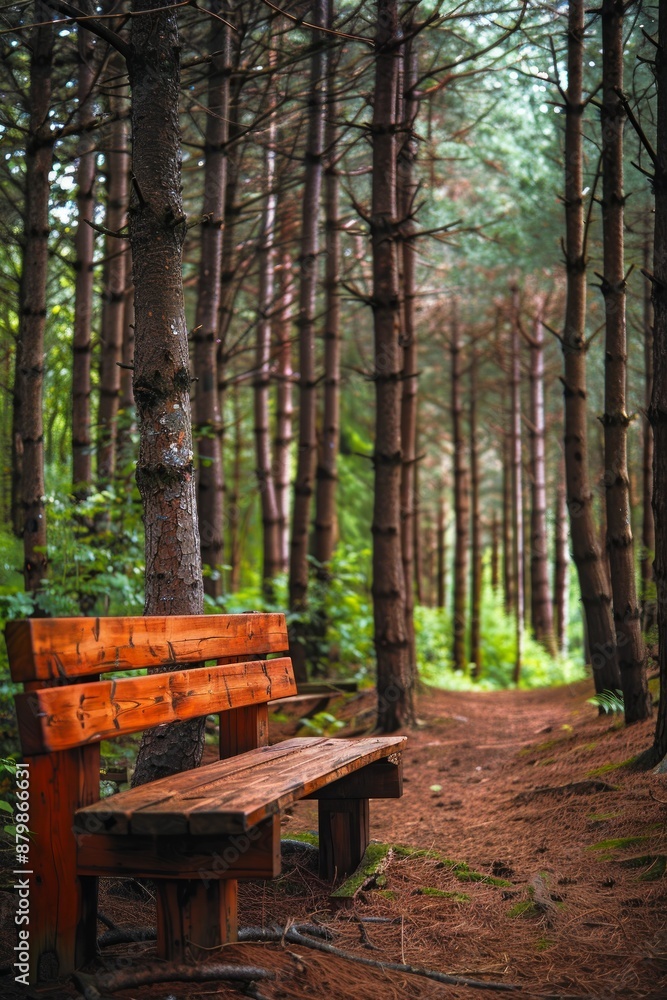 Wooden bench nestled among tall trees serene forest, inviting passersby to sit and rest Wooden bench nestled among tall trees serene forest, inviting passersby to sit and rest