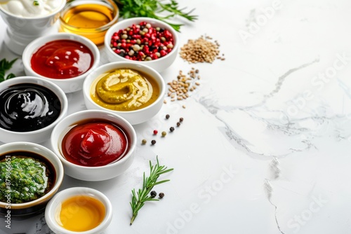 Wallpaper Mural Various sauces on white marble background Top view with copy space Torontodigital.ca