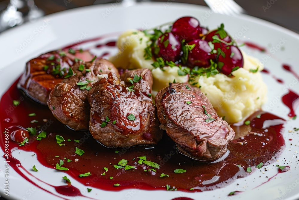 Veal medallions with cherry sauce and mashed potatoes on white plate Veal medallions with cherry sauce and mashed potatoes on white plate