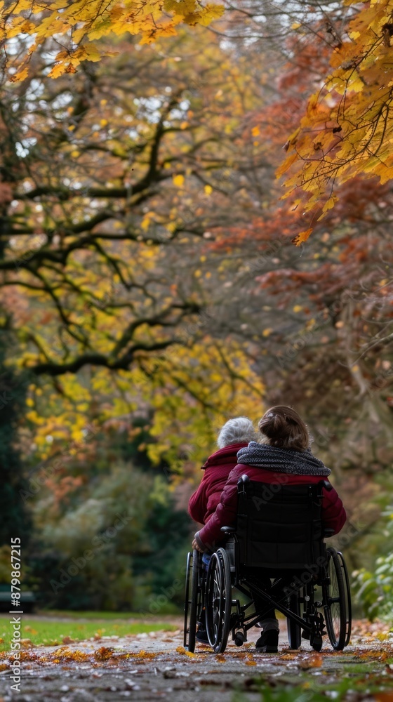 Woman Pushing Wheelchair through Autumn Leaves. Woman Pushing Wheelchair through Autumn Leaves.