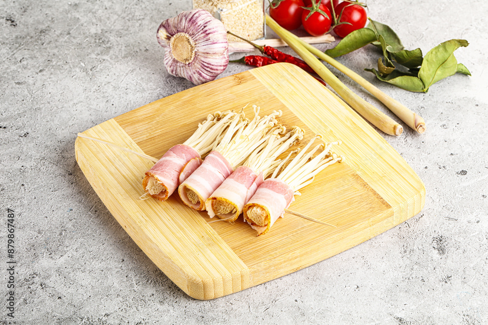 Raw Enoki mushroom with bacon Raw Enoki mushroom with bacon