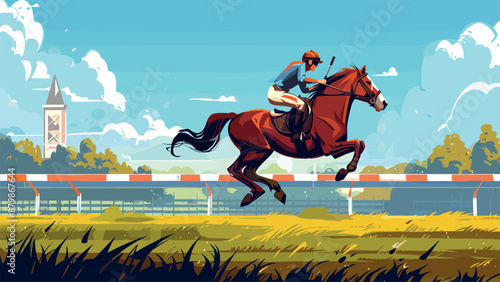 Horse with Rider Running Through the Racecourse Cartoon Game Illustration Equestrian Racing Track Jockey Competition Galloping Speed Adrenaline Thoroughbred Spectacle Excitement