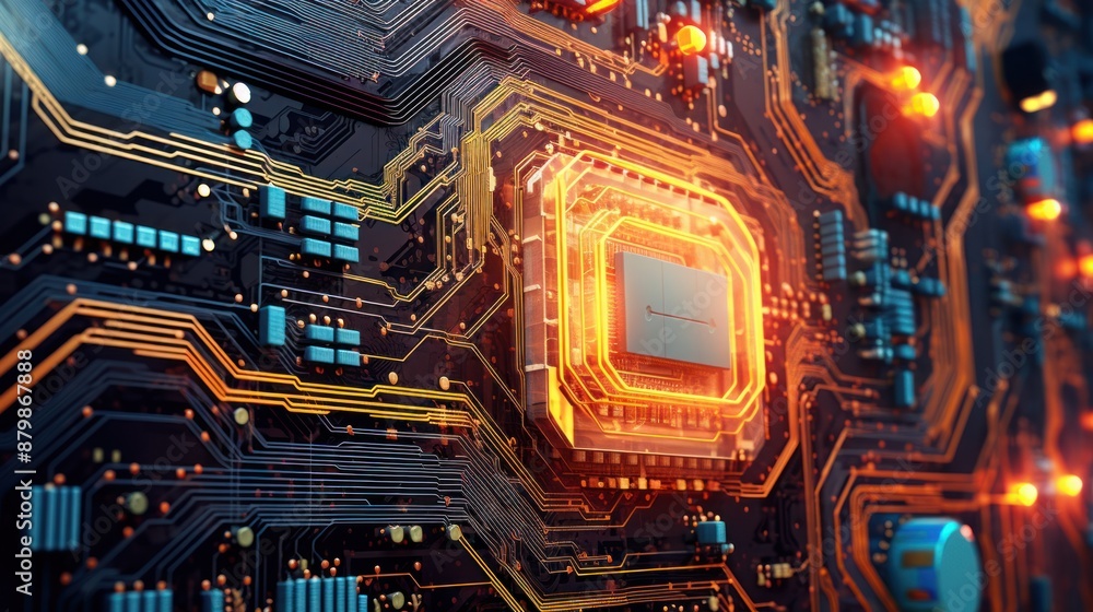 Fototapeta premium Immerse yourself in the world of computing with this wallpaper showcasing a printed circuit board, a testament to the marvels of digital technology and electronics.