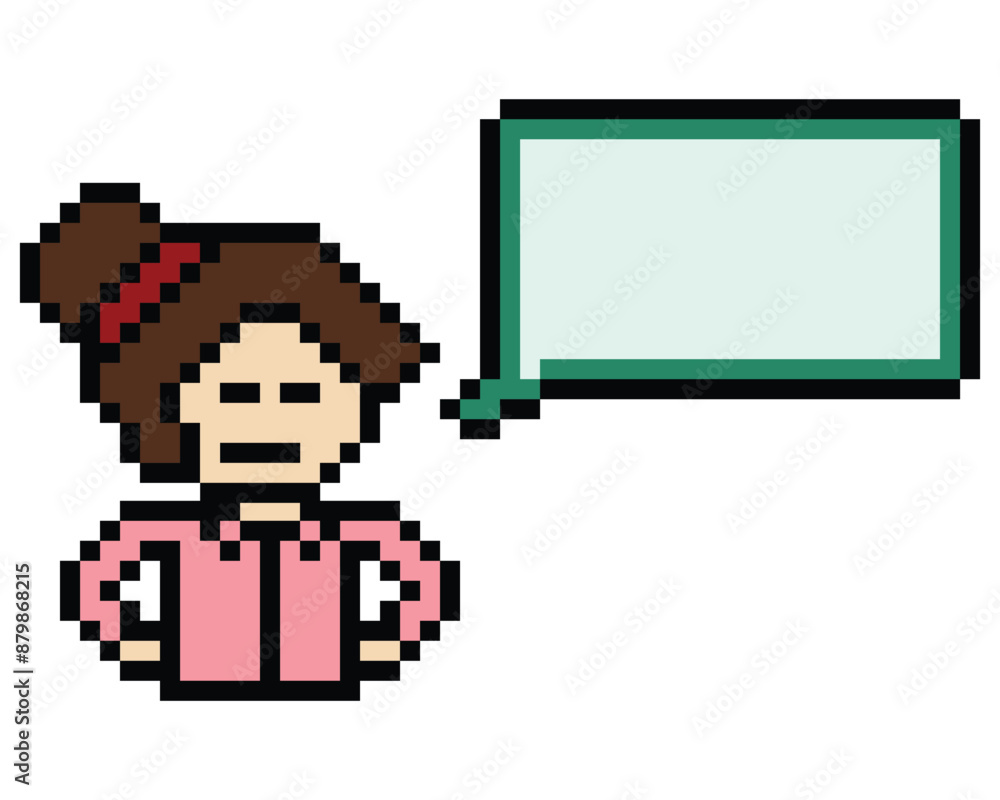 Fototapeta premium Vector Cute pixel 8bit character woman with chat blank say talk vector decoration 8 bit female girl think speak discuss idea chat box cartoon pixel game png vector.
