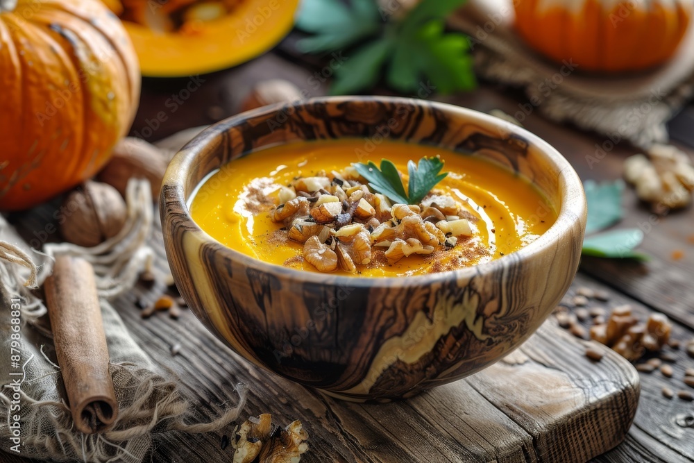 Walnut and tahini pumpkin dessert on wooden table Walnut and tahini pumpkin dessert on wooden table
