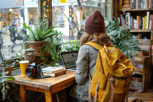 A person with a yellow backpack sits at a wooden table in a cozy coffee shop, working on a laptop.