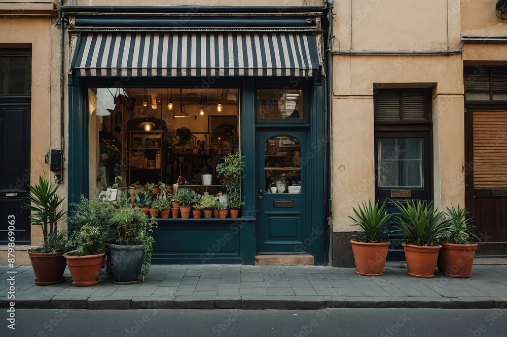Fototapeta premium small vintage shop facade, striped awning and plant pot