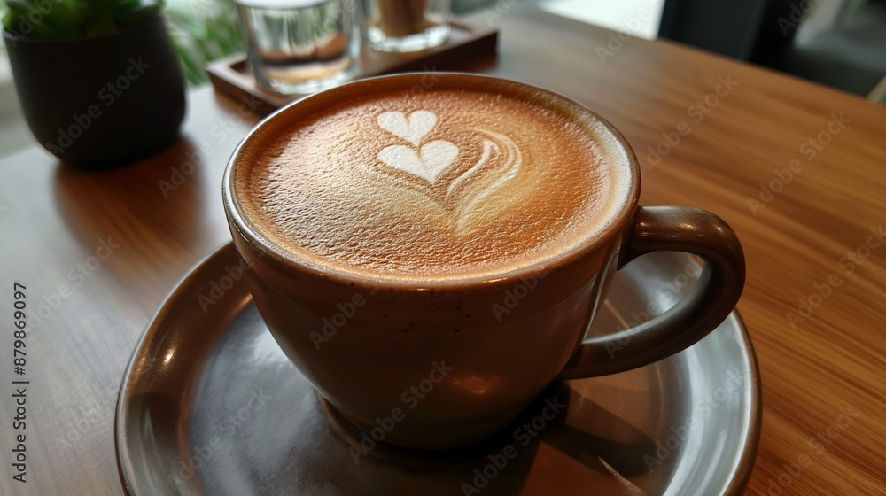 a cup of cappuccino on the table at cafe in the morning a cup of cappuccino on the table at cafe in the morning