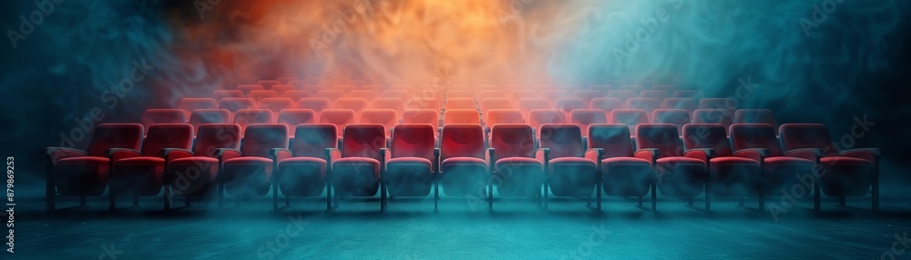 Obraz premium Haunted digital movie theater, ghostly projections, eerie ambiance, photorealistic, highly detailed