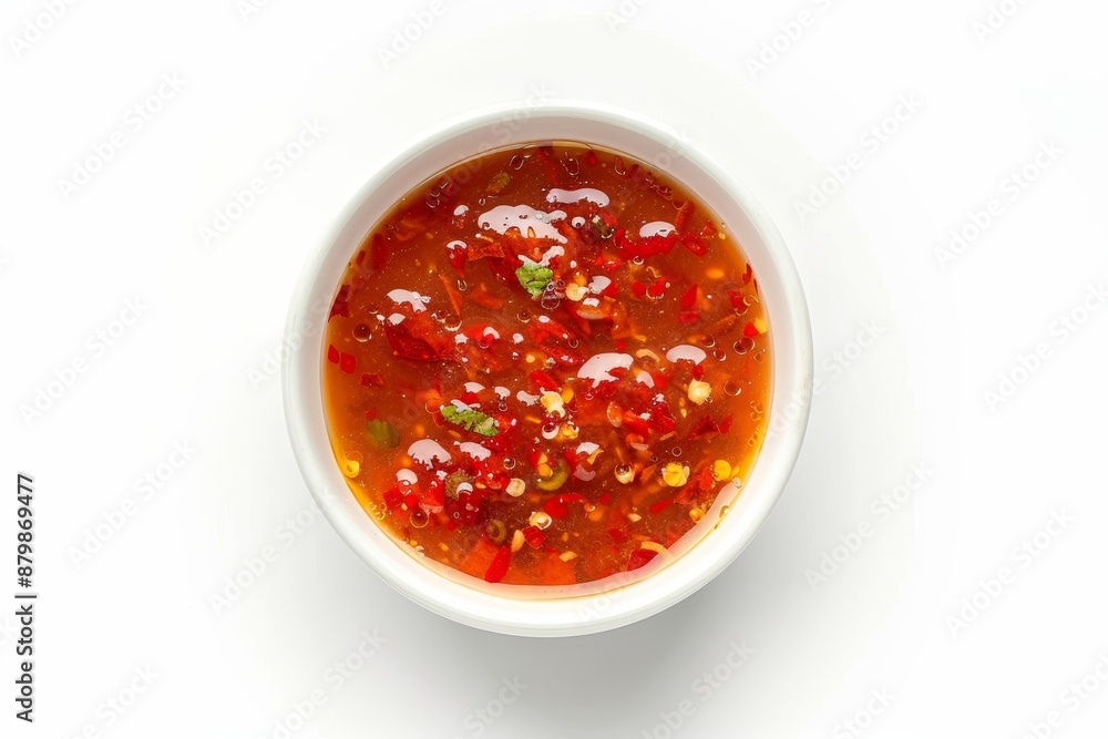White bowl with sweet chili sauce isolated on white background top view White bowl with sweet chili sauce isolated on white background top view