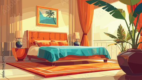 Interior of a Hotel Room with a Large Double Bed and a Large Vase with a Palm Tree Cartoon Game Background Accommodation Lodging Hospitality Travel Adventure Illustration Luxury