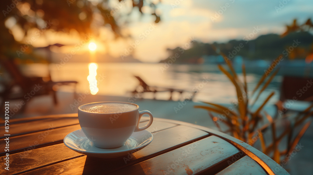 cup of cappuccino on the table at sunrise on the beach cup of cappuccino on the table at sunrise on the beach