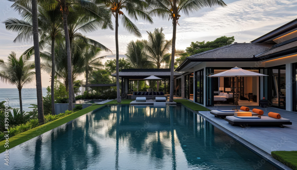 Luxury Beachfront Villa with Swimming Pool, Palm Trees, and Ocean View at Sunset Luxury Beachfront Villa with Swimming Pool, Palm Trees, and Ocean View at Sunset