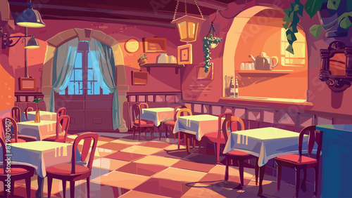 Italian Restaurant Interior Cartoon Game Background Dining Cuisine Italy Food and Drink Atmosphere Traditional Decor Illustration Pasta Pizza Wine Barbecue Seafood