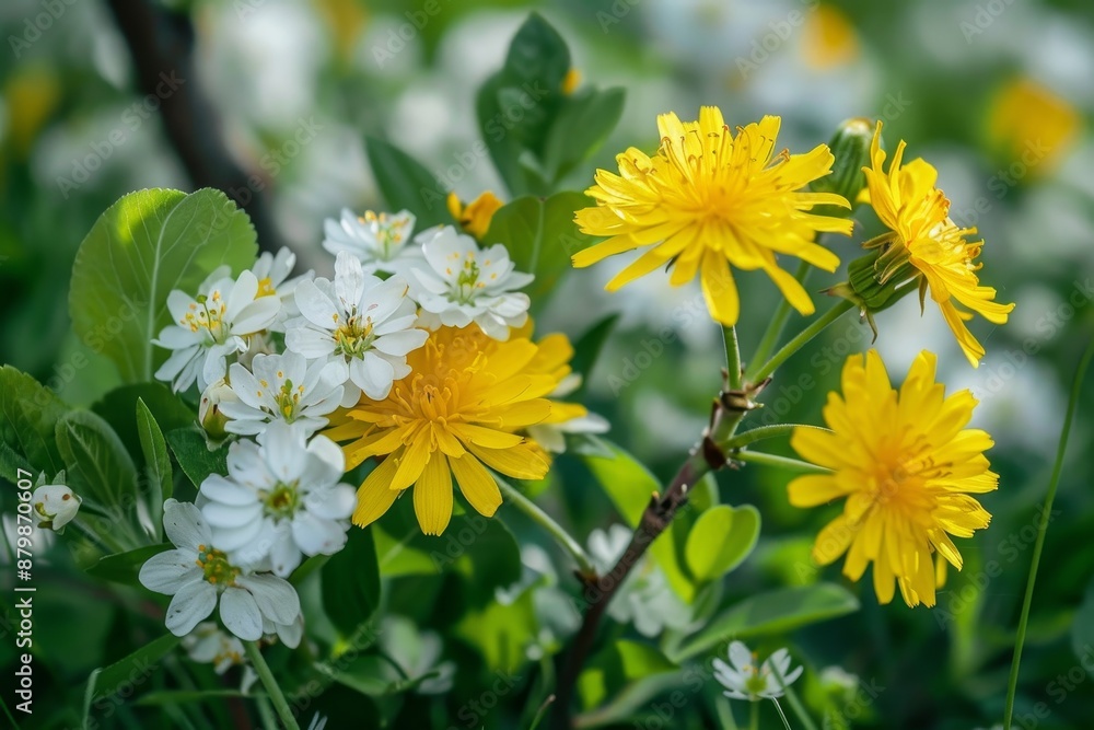 Obraz premium Yellow dandelions and white flowers in green grass blooming on a sunny day in the garden