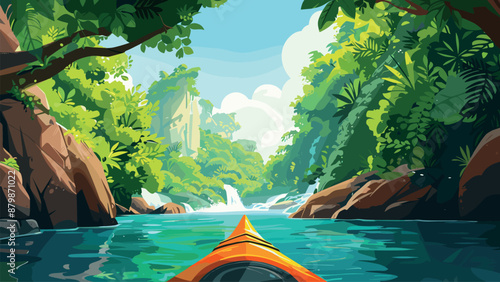 Kayak on the River Flowing Away in the Jungle Thickets Cartoon Game Background Adventure Paddling Wilderness Exploration Tropical Landscape Jungle Adventure Illustration