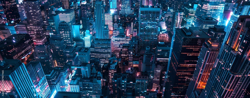 Aerial view of the cityscape at night, with illuminated skyscrapers and ...