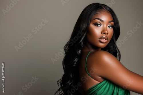 A beautiful black woman with long hair posing in front of a green background. natural makeup on face clean fresh skin on isolated. Portrait, Facial treatment, Body care, Beauty and Spa or hair salon