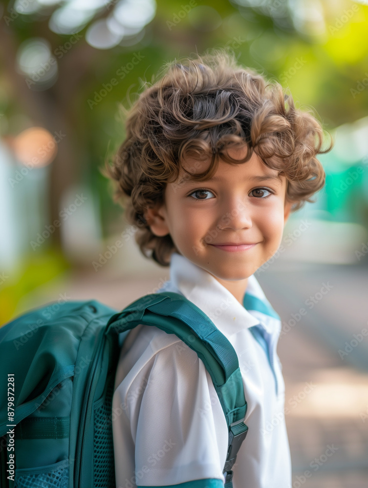 Portrait of a happy pupil smiling and wearing a backpack, he is going to school for his first day Portrait of a happy pupil smiling and wearing a backpack, he is going to school for his first day