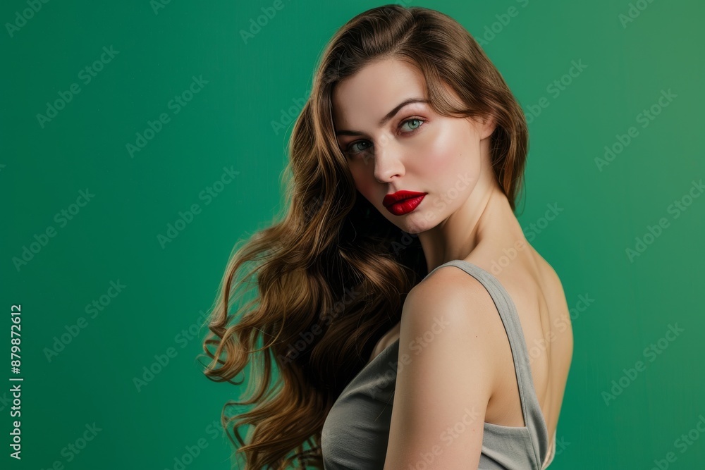 Naklejka premium A beautiful curvy businesswoman with curly hair posing in front of a green background. natural makeup on face clean fresh skin on isolated. Portrait, Facial treatment, Body care, Beauty and Spa salon