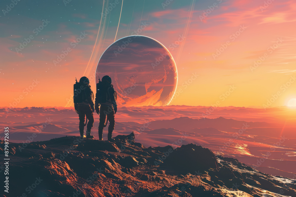 Space tourists visiting a new planet