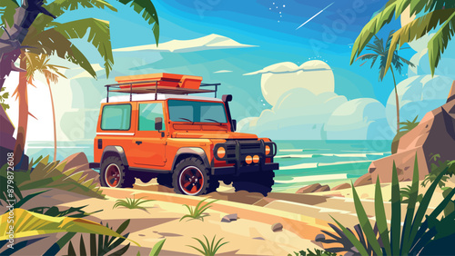 Lifeguard s SUV Is Parked by the Road Leading to the Beach Cartoon Game Background Beach Safety Lifeguard Vehicle Coastal Patrol Adventure Illustration Coastal Rescue Beachfront