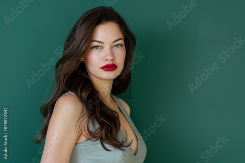 A beautiful curvy russian businesswoman posing in front of a green background. natural makeup on face clean fresh skin on isolated. Portrait, Facial treatment, Body care, Beauty and Spa salon