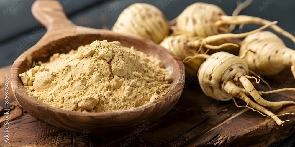Peruvian Superfoods Maca Powder and White Ginseng's Health Benefits. Concept Peruvian Superfoods, Maca Powder, White Ginseng, Health Benefits Peruvian Superfoods Maca Powder and White Ginseng's Health Benefits. Concept Peruvian Superfoods, Maca Powder, White Ginseng, Health Benefits