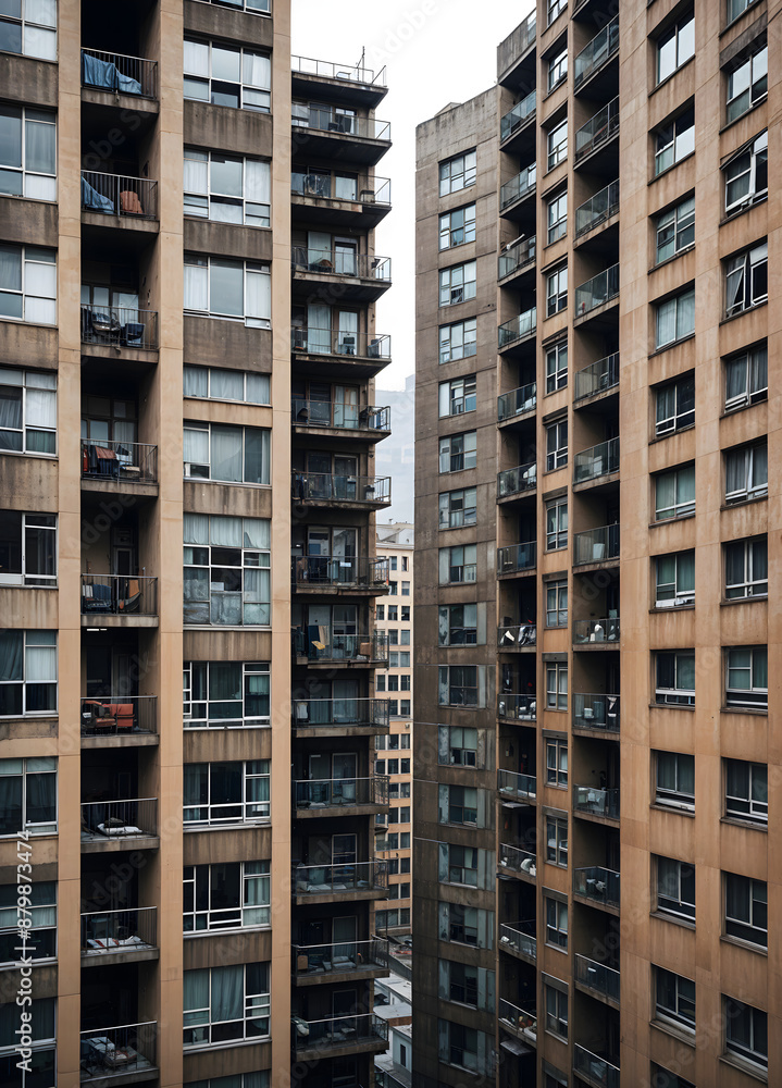 Poor and decrepit facade of a building of a big city with many windows and terraces. Architecture of poverty in a residential apartment skyscraper. Poor and decrepit facade of a building of a big city with many windows and terraces. Architecture of poverty in a residential apartment skyscraper.