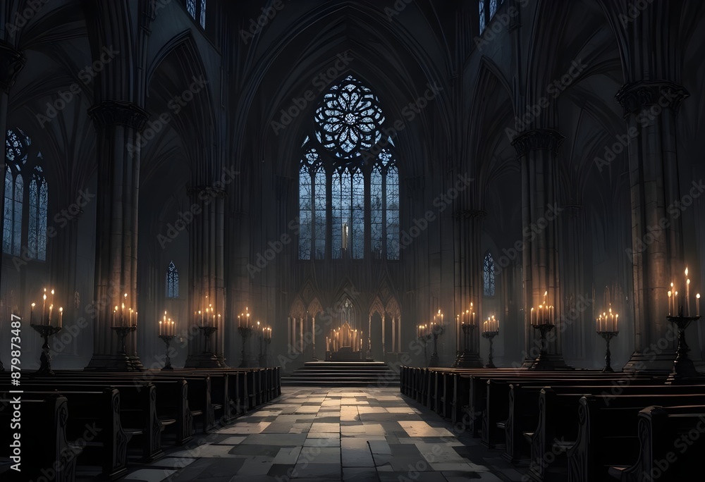 A dark, gothic cathedral interior with tall arched windows, candles, and a mysterious, ethereal atmosphere A dark, gothic cathedral interior with tall arched windows, candles, and a mysterious, ethereal atmosphere