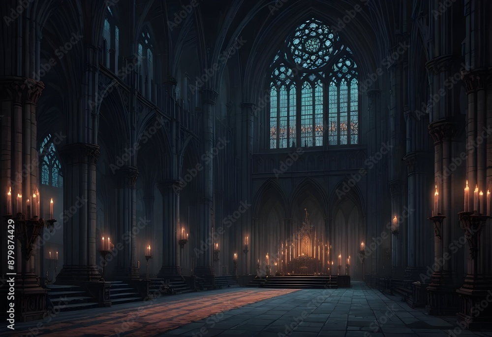 Fototapeta premium A dark, gothic cathedral interior with tall arched windows, candles, and a mysterious, ethereal atmosphere