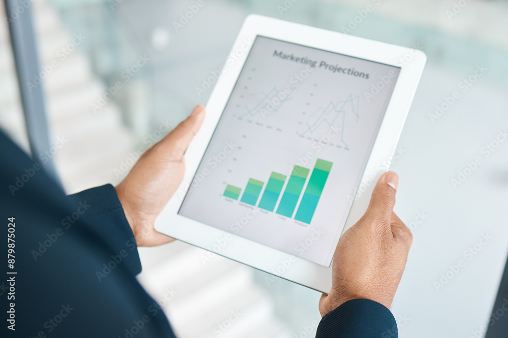 Business, hands and office with graphs on tablet screen for report and review for company growth. Corporate, person and statistics for market research with feedback, results and reviews or data Business, hands and office with graphs on tablet screen for report and review for company growth. Corporate, person and statistics for market research with feedback, results and reviews or data