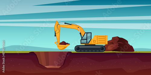 Crawler excavator is digging a hole in the ground. Horizontal industrial landscape image in cartoon style. Vector illustration.