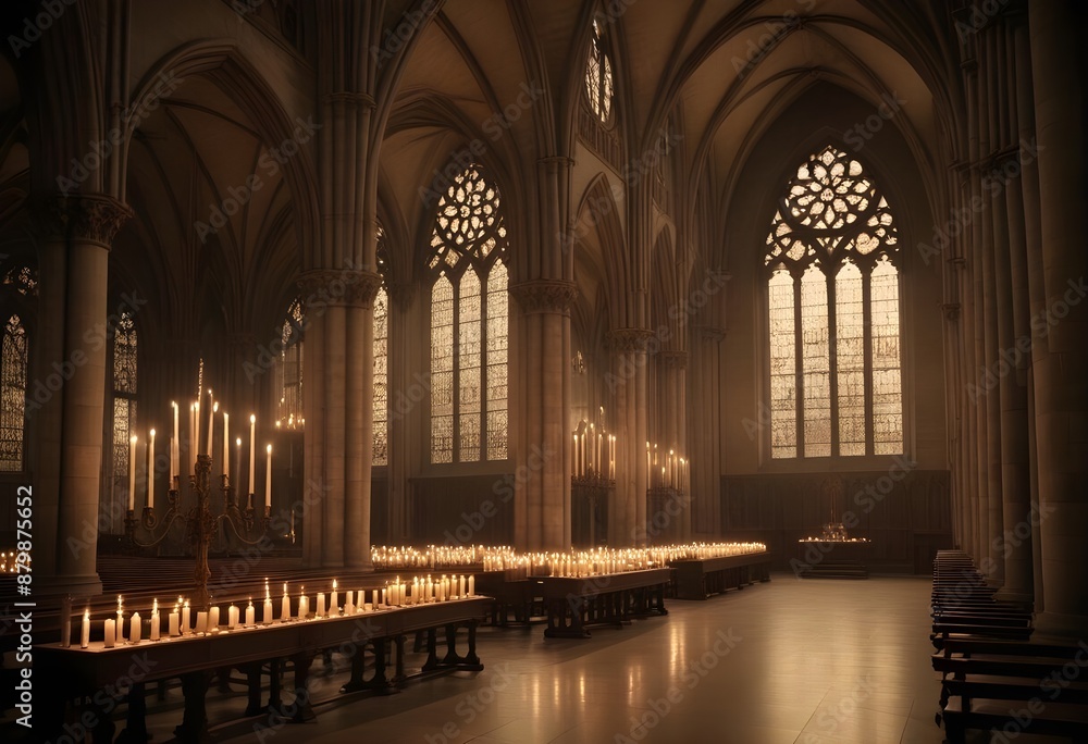 A dark, gothic cathedral interior with tall arched windows, candles, and a mysterious, ethereal atmosphere A dark, gothic cathedral interior with tall arched windows, candles, and a mysterious, ethereal atmosphere