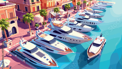 Marina with Rows of Luxury Yachts Along the Pavement for Walking Cartoon Game Background Harbor Waterfront Lifestyle Adventure Illustration Nautical Leisure Boating Scene