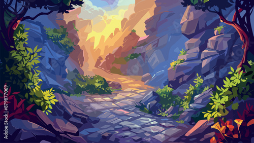 Mysterious Road Through Mountain Gorge Cartoon Game Background Adventure Pathway Wilderness Exploration Rocky Terrain Outdoor Environment Adventure Illustration