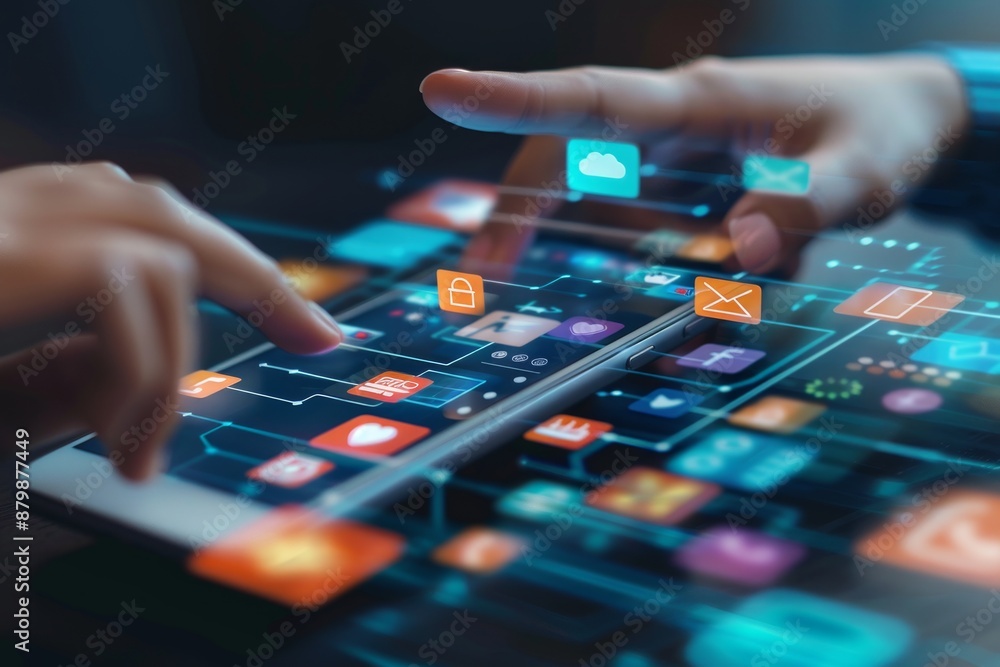 colourful mobile apps on virtual screen, digital software technology development concept colourful mobile apps on virtual screen, digital software technology development concept