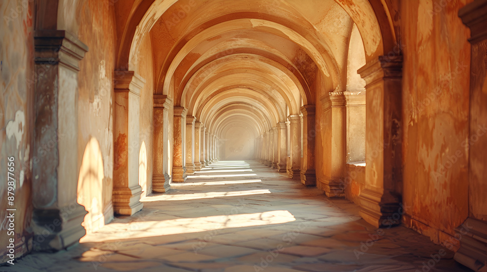 Exquisite ancient historical structure with an arched window gallery corridor and an archway. Gentle natural shadows cast by the arch vault balcony passage. backdrop of geometric architecture Exquisite ancient historical structure with an arched window gallery corridor and an archway. Gentle natural shadows cast by the arch vault balcony passage. backdrop of geometric architecture