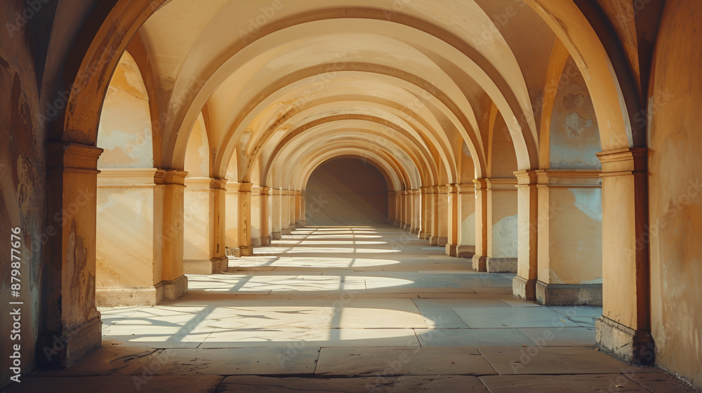 Exquisite ancient historical structure with an arched window gallery corridor and an archway. Gentle natural shadows cast by the arch vault balcony passage. backdrop of geometric architecture