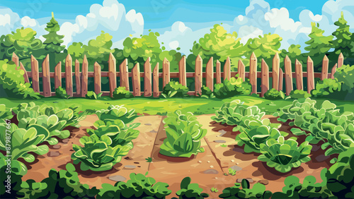 Nice Little Vegetable Garden Surrounded by Wooden Fence Cartoon Game Illustration Gardening Agriculture Farming Organic Produce Harvest Homegrown Crops Illustration Sustainability