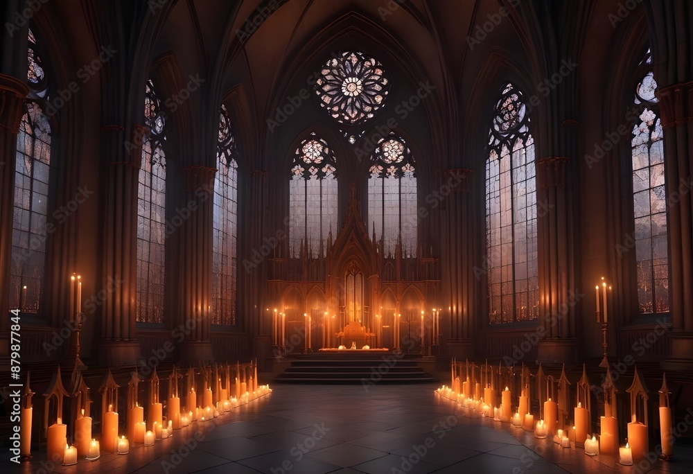 A dark, gothic cathedral interior with tall arched windows, candles, and a mysterious, ethereal atmosphere A dark, gothic cathedral interior with tall arched windows, candles, and a mysterious, ethereal atmosphere