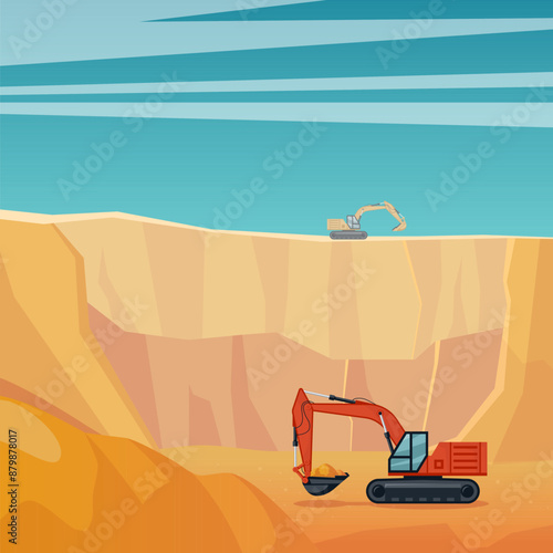 Open cast with a crawler excavator. Square industrial landscape in cartoon style. Vector illustration.