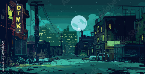 Nighttime Post-Apocalyptic Cityscape Cartoon Game Background Urban Landscape Abandoned Buildings Desolation Destruction Apocalyptic Adventure Illustration